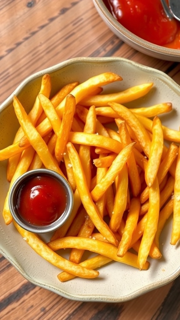 Crispy shoestring French fries in a bowl with ketchup on a wooden table.